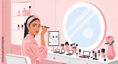 Charming beauty guru applies makeup in a pastel pink illuminated vanity setting