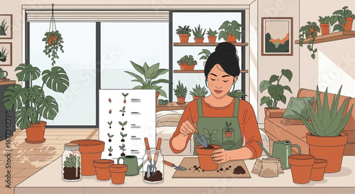 A woman replanting a small plant in a terracotta pot inside her home sanctuary