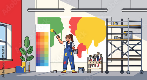 Creative female artist painting abstract colorful shapes on a large canvas wall