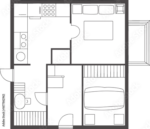 Small apartment layout with kitchen, bedroom, bathroom, living area, compact design, top view, modern interior, architectural floor plan, vector drawing