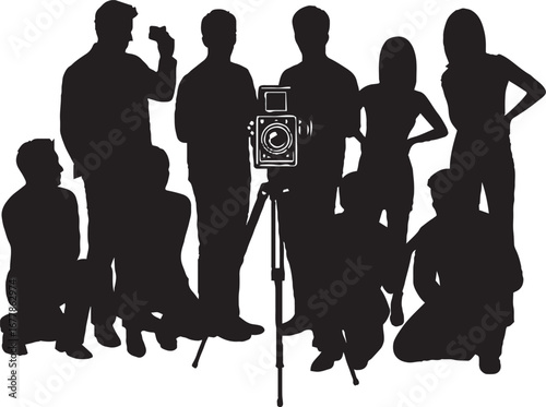 Black Silhouette Vector of a Group of Photographers with Vintage Camera on Tripod, Photography Team Collaboration