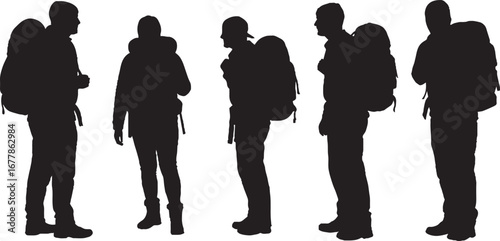 Silhouettes of Travelers with Backpacks Vector Graphic Set for Outdoor Adventures