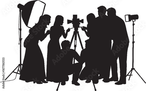 Production Crew and Talent Working on Film Set with Camera and Studio Lights Silhouette Vector