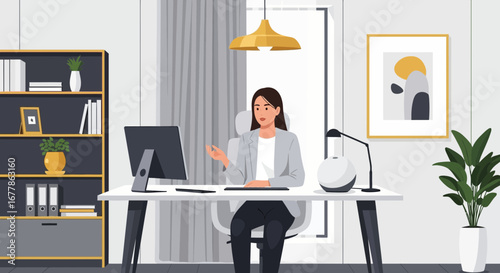 Professional woman working from her home office in a modern, stylish setting