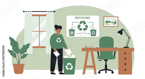 Eco-Conscious Workspace: A Person Recycling Paper in a Sustainably Designed Office