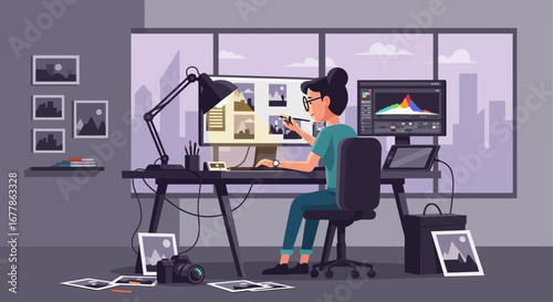 A diligent woman immersed in the world of photo editing at her modern workspace