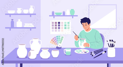 Young artist passionately decorates a ceramic vase in a serene crafting studio