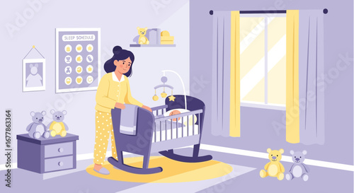 Mother attending to her baby sleeping in a crib, cartoon style illustration