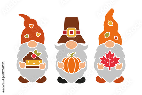 Vector Thanksgiving gnomes with pie, pumpkin and leaf. Cute autumn holiday illustration for prints, t shirt, invitations, greeting cards, banners, posters. Template for plotter cutting