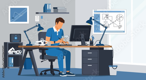 Illustration of a product designer at work in a modern office environment