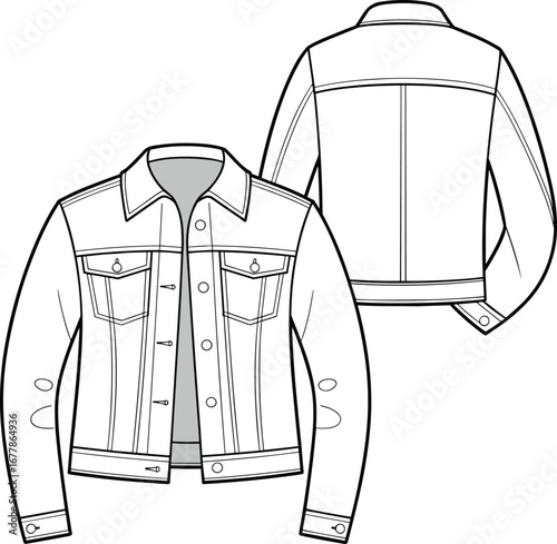Technical flat sketch of classic denim jacket with button front closure, chest flap pockets, long sleeves and detailed seam lines