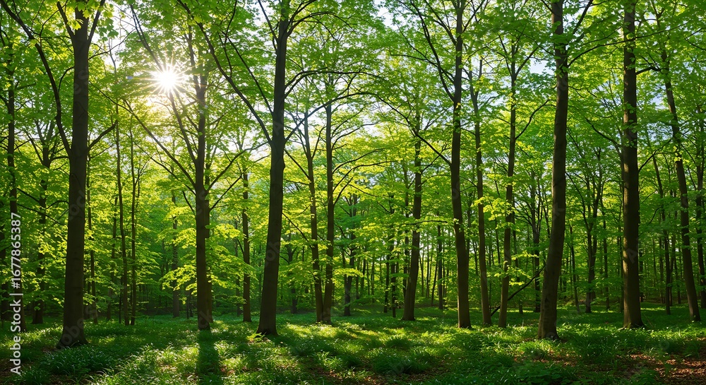 Obraz premium Sunlit Woodland Canopy: A Serene Forest Landscape with Lush Green Foliage Illuminating the