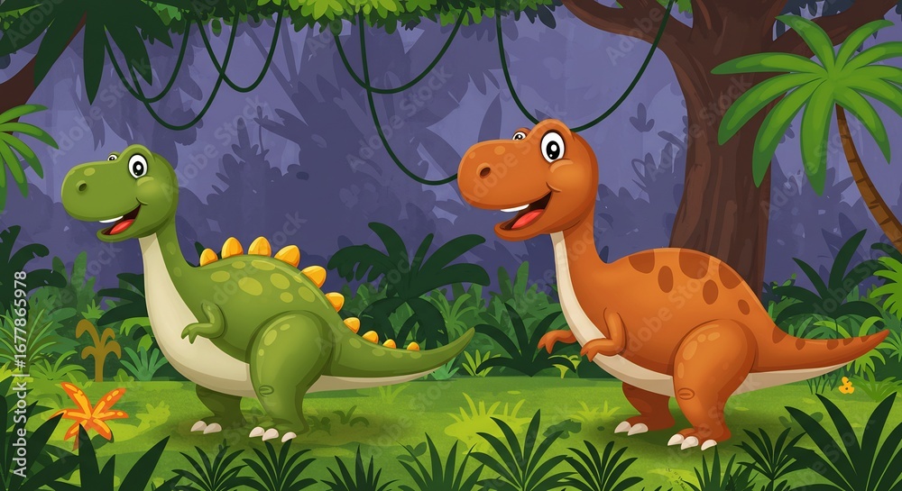 Fototapeta premium 緑豊かなジャングル 夕暮れ時 恐竜 二匹 仲良く遊ぶ 愛らしいイラスト. AI Generated