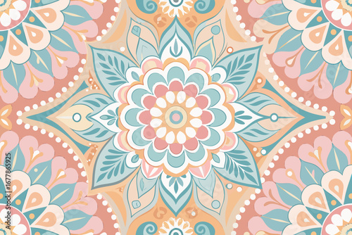 Exquisite floral mandala with light and airy pastel shades creates a sense of serenity and balance