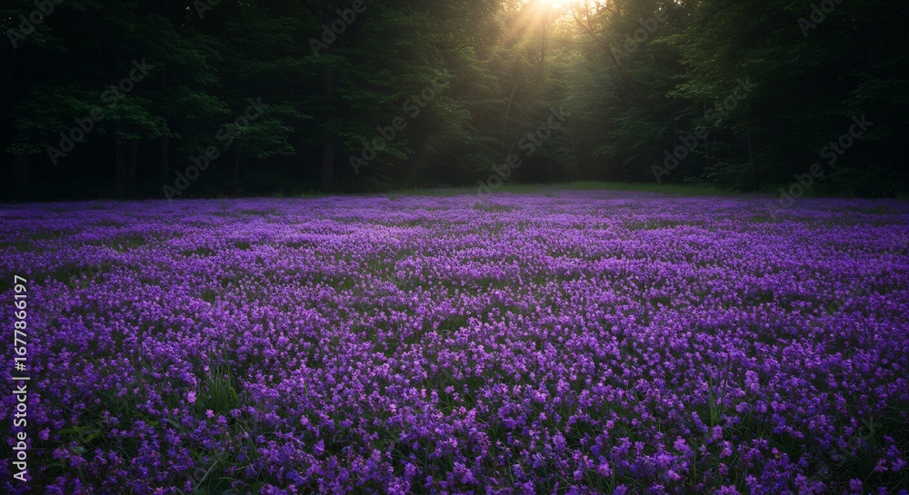 Naklejka premium 神秘的な紫の花畑 夕日輝く幻想的風景 静寂漂う. AI Generated
