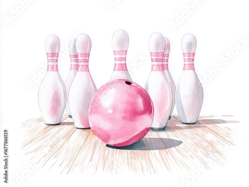 Watercolor Illustration of Pink Bowling Ball and Pins on Wooden Lane, Cute and Fun Sports Art for Girls, Kids, and Bowling-Themed Designs