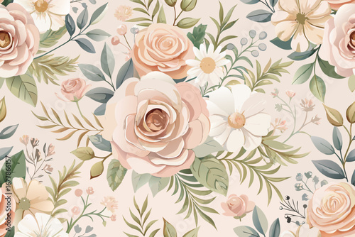 Elegant floral pattern of roses and daisies for wallpaper or fabric, creating a soft, romantic style