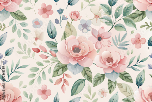 Romantic floral pattern with delicate pink roses and soft green foliage creating vintage feminine charm