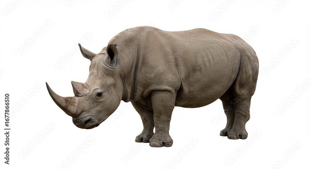 Fototapeta premium 白バック 強壮なシロサイ 静かに立つ 力強いシルエット. AI Generated