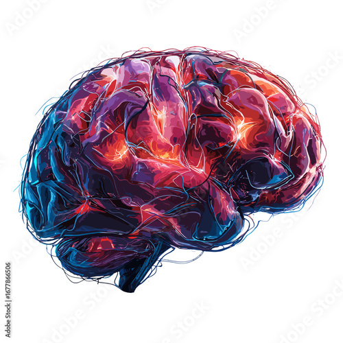 This mesmerizing image showcases a vividly illuminated brain, with glowing neural connections lighting up in vibrant shades of red and blue. The intricate web of electrical impulses represents the com