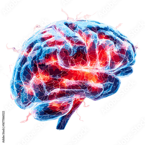 This mesmerizing image showcases a vividly illuminated brain, with glowing neural connections lighting up in vibrant shades of red and blue. The intricate web of electrical impulses represents the com