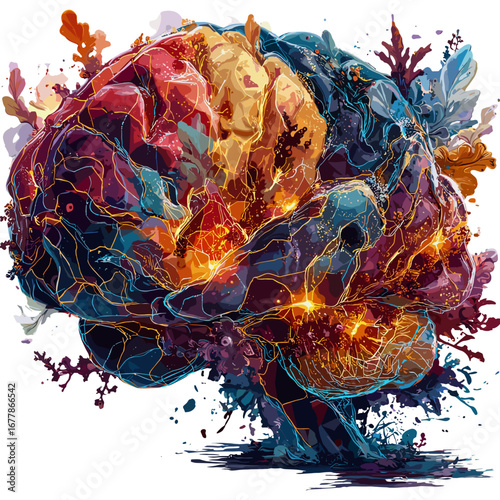 This mesmerizing image showcases a vividly illuminated brain, with glowing neural connections lighting up in vibrant shades of red and blue. The intricate web of electrical impulses represents the com