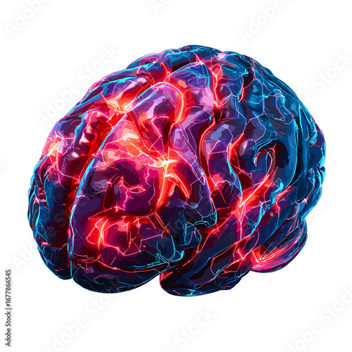 This mesmerizing image showcases a vividly illuminated brain, with glowing neural connections lighting up in vibrant shades of red and blue. The intricate web of electrical impulses represents the com