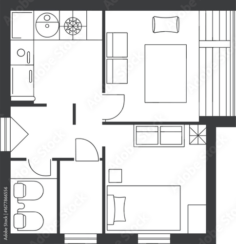 Two bedroom apartment floor plan, compact layout, top view, modern design, interior blueprint, furniture placement, architectural drawing, small space solution