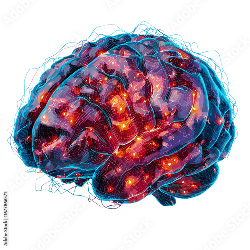 This mesmerizing image showcases a vividly illuminated brain, with glowing neural connections lighting up in vibrant shades of red and blue. The intricate web of electrical impulses represents the com