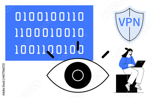 Binary code, shield with VPN text, eye graphic, person on laptop. Ideal for cybersecurity, privacy, encryption, internet security, data protection anonymity confidentiality simple flat metaphor