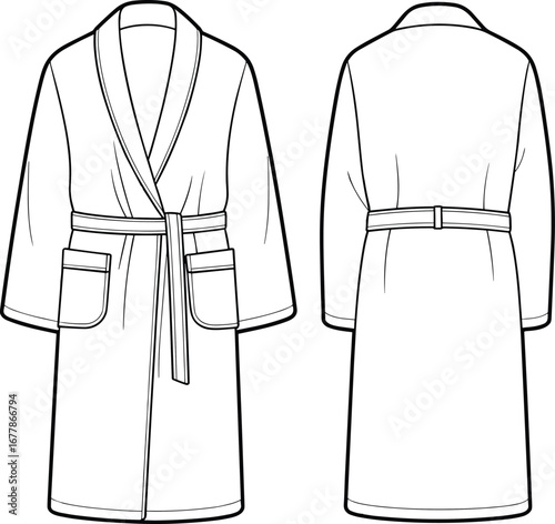 Unisex bathrobe fashion flat sketch front and back with belt, pockets, and shawl collar CAD technical vector drawing