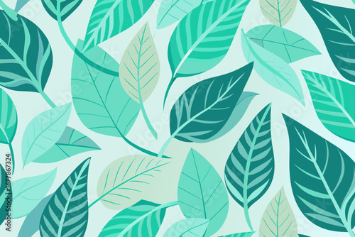 Stunning teal leaf pattern background, perfect for modern designs and vibrant spring projects, originally vector art