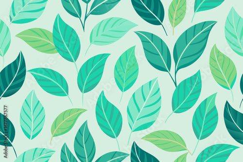 Fresh green leaves seamless pattern, botanical illustration, organic design, lush foliage, vibrant nature, summer vibes