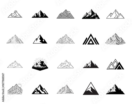 Collection of diverse mountain logos and icons in various styles, representing nature, adventure, and outdoor exploration design elements.