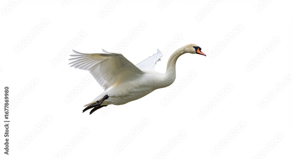 Obraz premium 白鳥優雅に滑空 白い背景 鮮やか羽ばたき. AI Generated