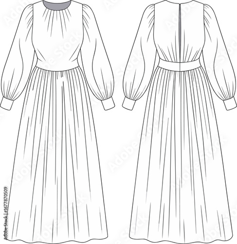 Long puff sleeve maxi dress flat sketch, technical drawing template, fashion design cad, front and back view, vector illustration