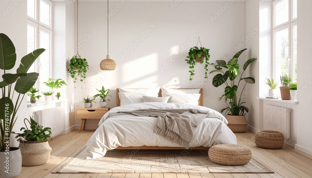 Naklejka premium Bright Scandinavian bedroom interior with natural wood, white walls, and cozy bedding. Perfect for stock usage in home design, furniture, and lifestyle projects.