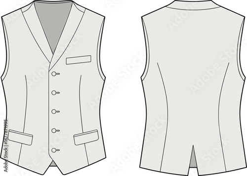 Men’s formal vest front and back view, technical flat sketch, CAD apparel design, vector fashion illustration for tailoring, clothing pattern.