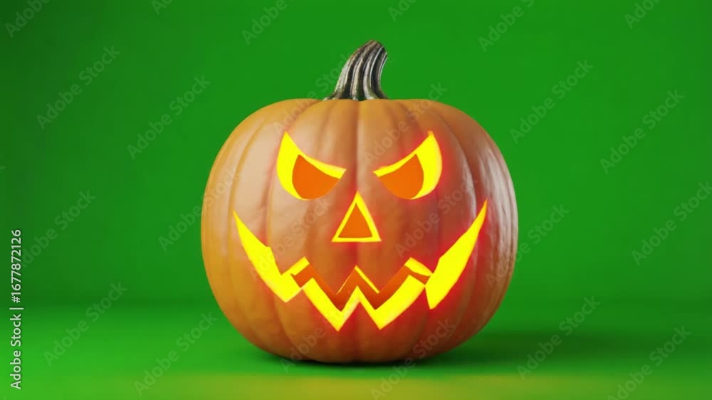 A carved pumpkin with an angry face on a green background in a studio setting for halloween season halloween green screen pumkin video