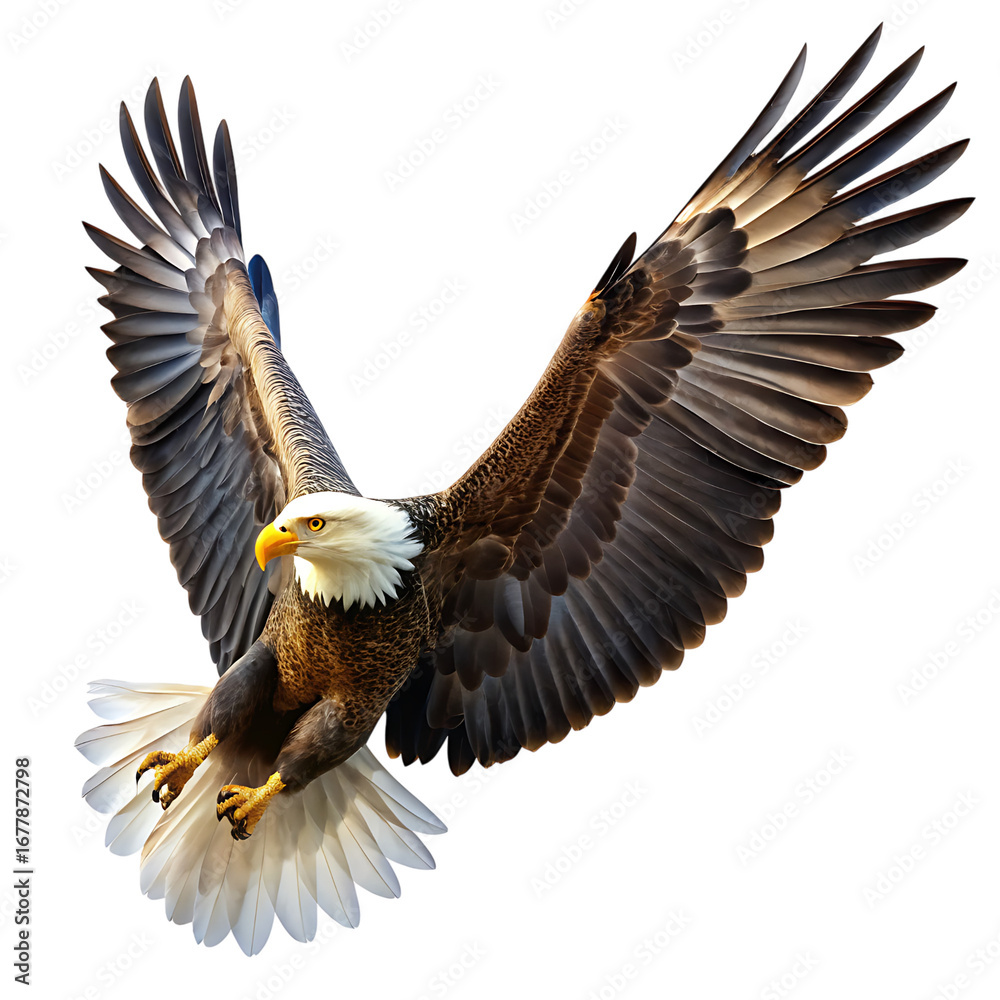 Obraz premium Majestic bald eagle in mid flight with wings spread wide showcasing its powerful talons and keen eyes isolated on transparent background