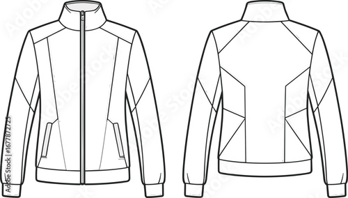 Men's sporty jacket front and back flat sketch, zip-up outerwear vector, fashion technical drawing for activewear or casual wear