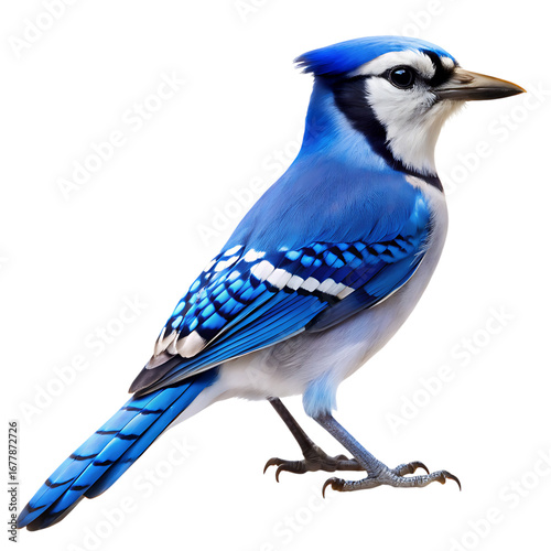Vibrant blue jay bird with detailed feathers standing proudly isolated on transparent background