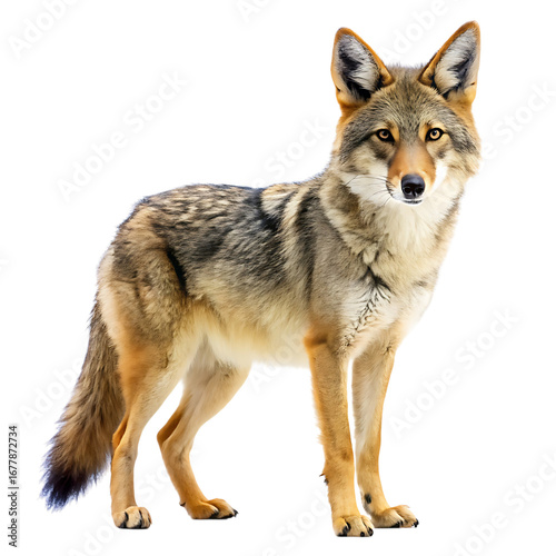 A realistic full body studio portrait of a wild coyote standing and looking forward isolated on transparent background