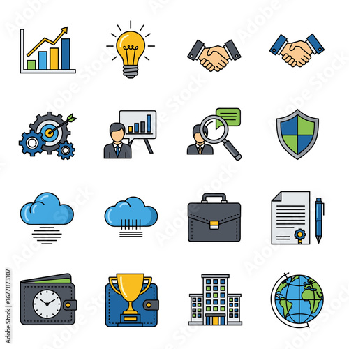 Business elements representing growth, ideas, collaboration, and security arranged on a white surface, conveying a sense of professionalism and success.
