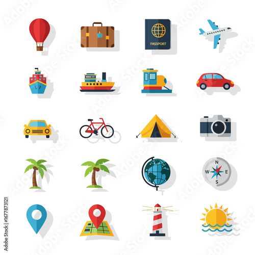 Colorful travel elements representing modes of transportation and vacation activities arranged on a white canvas, evoking a sense of wanderlust and adventure.