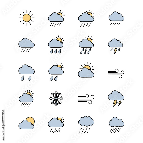 Weather symbols depicting various atmospheric conditions such as sunshine, rain, snow, and wind, presented in a simple and clean style.