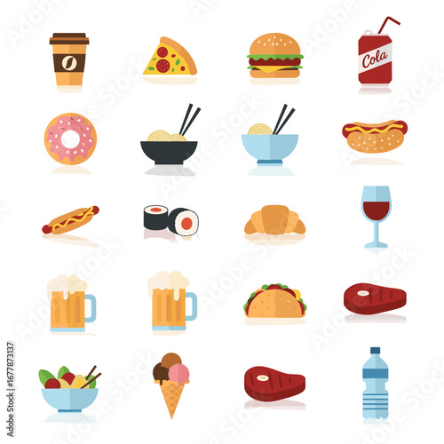 Collection of various food items displayed on white surface representing diverse culinary choices and satisfying cravings, creating a vibrant and appetizing visual experience.