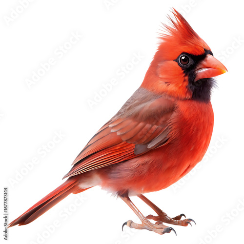 A vibrant male northern cardinal perched with its distinctive crest and bright red plumage isolated on transparent background