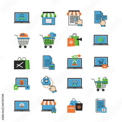 Ecommerce elements representing online shopping and digital transactions arranged on a white background, conveying ease and convenience.