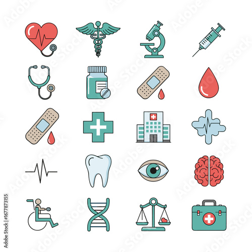 Medical symbols representing healthcare services and equipment arranged neatly on a white surface, conveying a sense of cleanliness and professionalism.